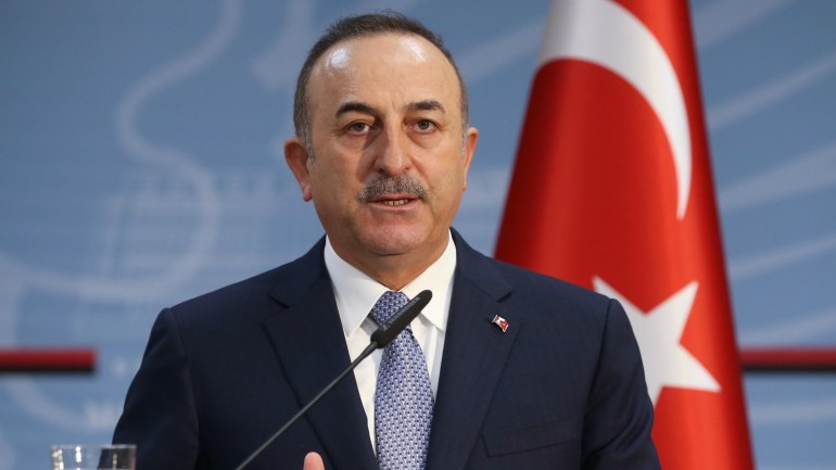 Turkish foreign minister visits Albania- - TIRANA, ALBANIA - FEBRUARY 12: Minister of Foreign Affairs of Turkey, Mevlut Cavusoglu and Deputy Minister of Foreign Affairs of Albania, Gent Cakaj (not seen) hold a joint press conference after their meeting in Tirana, Albania on February 12, 2020.