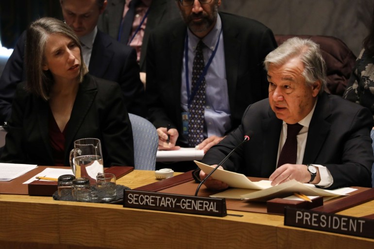 NEW YORK, NEW YORK - JANUARY 09: United Nations (UN) Secretary-General António Guterres speaks at a UN Security Council meeting titled