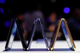 A trio of Samsung Galaxy Z Flip foldable smartphones is seen during Samsung Galaxy Unpacked 2020 in San Francisco, California, U.S. February 11, 2020. REUTERS/Stephen Lam