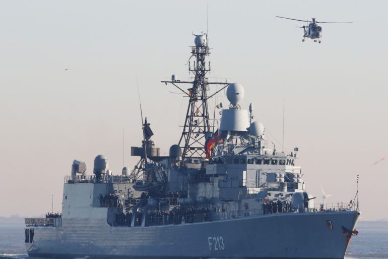 epa08224231 (FILE) - The frigate F213 'Augsburg' of the German Navy (Bundesmarine) returns from the EUNAVFOR MED (European Union Naval Force Mediterranean) Operation SOPHIA to its home port Wilhelmshaven, northern Germany, 15 February 2019 (reissued 17 February 2020). According to reports, a UN arms embargo on Libya is to be monitored by a new EU naval mission in the Mediterranean. EPA-EFE/FOCKE STRANGMANN