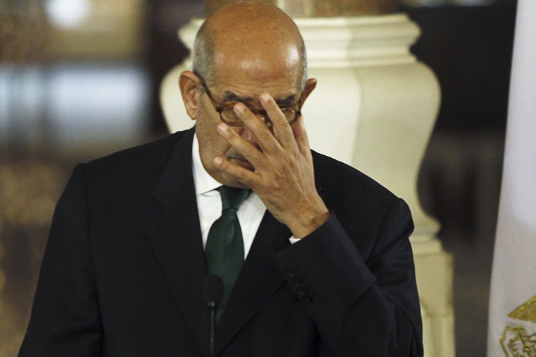 Egypt's interim Vice President Mohamed ElBaradei gestures during a news conference with European Union foreign policy chief Catherine Ashton (unseen) at El-Thadiya presidential palace in Cairo July 30, 2013. Egypt's rulers allowed Ashton to meet deposed President Mohamed Mursi, the first time an outsider was given access to him since the army overthrew him and jailed him a month ago, but ruled out involving him in any negotiations. She revealed little about what she called a "friendly, open and very frank" two-hour conversation with Mursi, after she was flown to an undisclosed location to visit him. REUTERS/Amr Abdallah Dalsh (EGYPT - Tags: POLITICS)