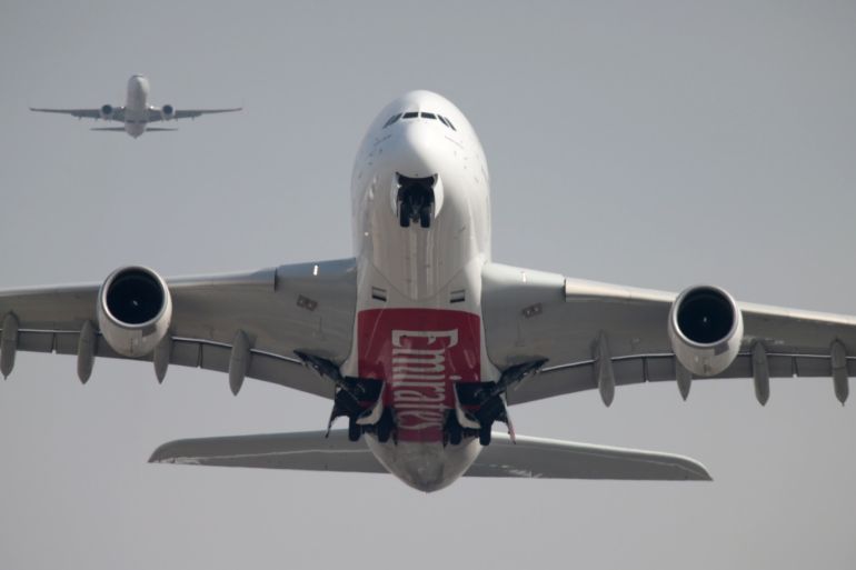 An Emirates Airline Airbus A380-800 plane takes off from Dubai International Airport in Dubai, United Arab Emirates February 15, 2019. REUTERS/Christopher Pike