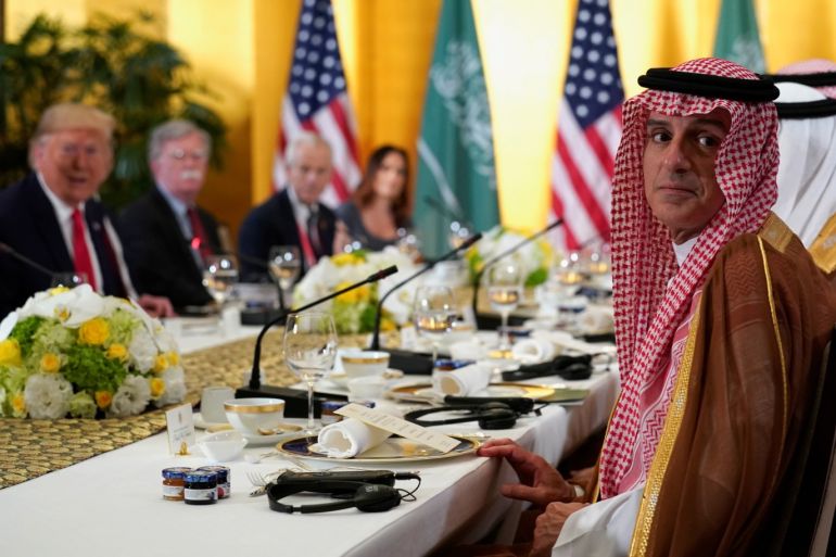 Saudi Arabia's Minister of State for Foreign Affairs Adel al-Jubeir looks on as U.S. President Donald Trump hold a working breakfast meeting with Saudi Arabia's Crown Prince Mohammed bin Salman during the G20 leaders summit in Osaka, Japan, June 29, 2019. REUTERS/Kevin Lamarque