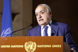 U.N. Envoy for Libya, Ghassan Salame holds a news briefing after a meeting of the 5+5 Libyan Joint Military Commission in Geneva, Switzerland, February 6, 2020. REUTERS/Denis Balibouse