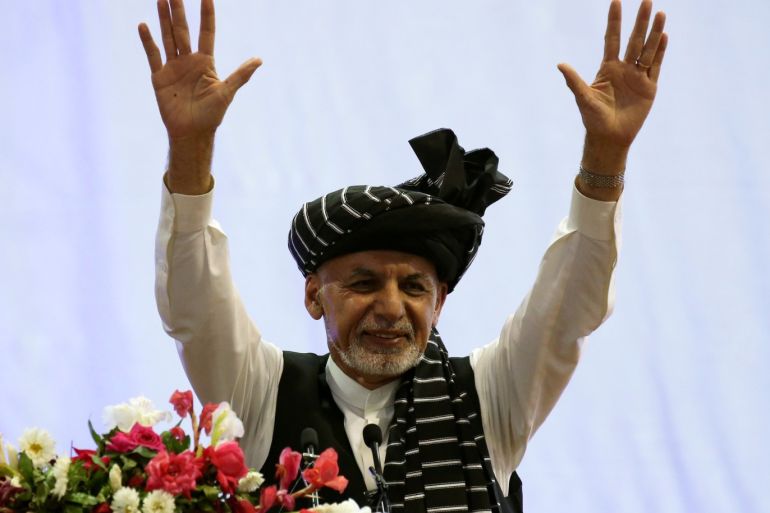 Afghan presidential candidate Ashraf Ghani gestures during his election campaign rally in Kabul, Afghanistan September 13, 2019. REUTERS/Omar Sobhani