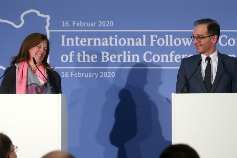 German Foreign Minister Heiko Maas and Stephanie Williams, Deputy Special Representative of the UN Secretary-General for Political Affairs in Libya, react at a news conference after a follow-up meeting of the international committee on Libya, in Munich, Germany February 16, 2020. REUTERS/Michael Dalder