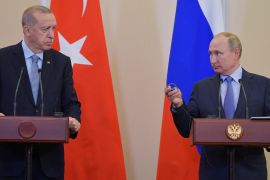 Russian President Vladimir Putin and Turkish President Tayyip Erdogan attend a news conference following their talks in Sochi, Russia October 22, 2019. Sputnik/Alexei Druzhinin/Kremlin via REUTERS  ATTENTION EDITORS - THIS IMAGE WAS PROVIDED BY A THIRD PARTY.