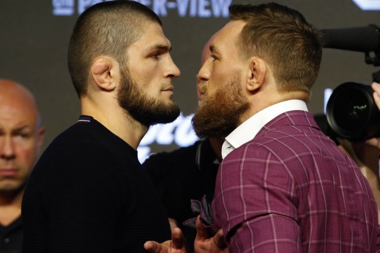 Sep 20, 2018; New York, NY, USA; Khabib Nurmagomedov and Conor McGregor face off during a press conference for UFC 229 at Radio City Music Hall. Mandatory Credit: Noah K. Murray-USA TODAY Sports