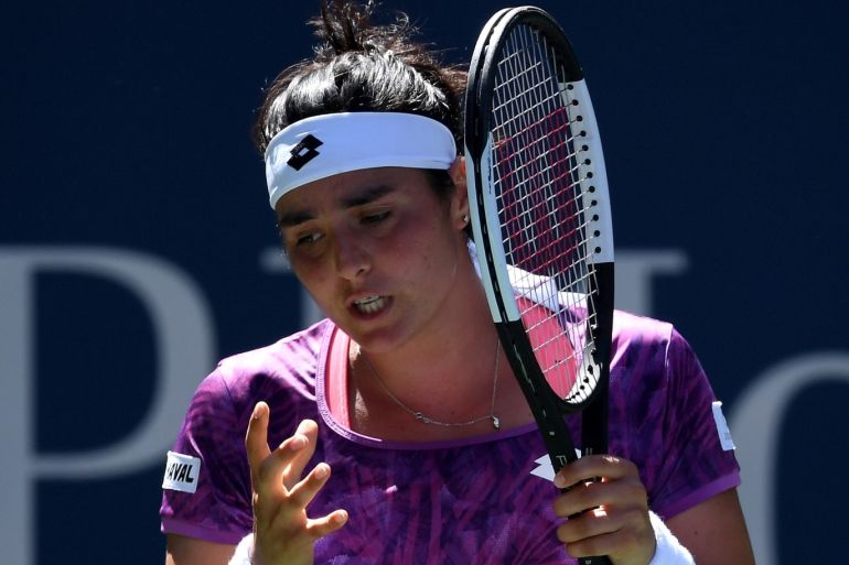 NEW YORK, NEW YORK - AUGUST 30: Ons Jabeur of Tunisia reacts during her Women's Singles third round match against Karolina Pliskova of the Czech Republic on day five of the 2019 US Open at the USTA Billie Jean King National Tennis Center on August 30, 2019 in Queens borough of New York City. Emilee Chinn/Getty Images/AFP== FOR NEWSPAPERS, INTERNET, TELCOS &amp; TELEVISION USE ONLY