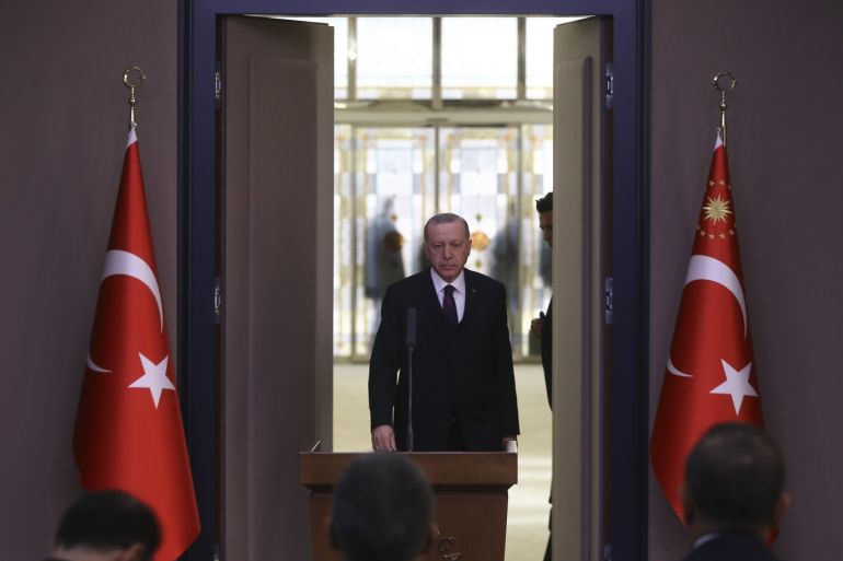 President of Turkey Recep Tayyip Erdogan- - ANKARA, TURKEY - FEBRUARY 25: President of Turkey, Recep Tayyip Erdogan speaks to media ahead of his departure to Azerbaijan at Esenboga Airport in Ankara, Turkey on February 25, 2020.