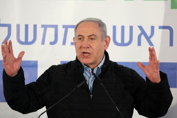 epa08209174 Israeli Prime Minister Benjamin Netanyahu speaks during a meeting with settlers in the Israeli settlement of Mevo'ot Yericho, located in the West Bank's southern Jordan Valley, north of the Palestinian city of Jericho, 10 February 2020. Media reports that Netanyahu is facing pressure from right-wing parties to act and annex areas of the West Bank Jewish settlements officially as part of Israeli territories after US President Trump and Israeli Prime Minister Netanyahu announced in a press conference at the White House on 28 January the US peace plan for the Palestinian-Israel conflict, dubbed 'The deal of the century'. The plan was rejected by Palestinian leaders and Israeli-Arab citizens. EPA-EFE/ABIR SULTAN