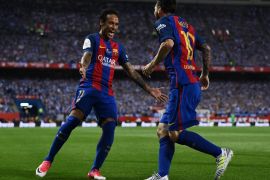 MADRID, SPAIN - MAY 27: Lionel Messi of FC Barcelona celebrates with his team mate Neymar Jr. after scoring his team's first goal during the Copa Del Rey Final between FC Barcelona and Deportivo Alaves at Vicente Calderon stadium on May 27, 2017 in Madrid, Spain. (Photo by David Ramos/Getty Images)
