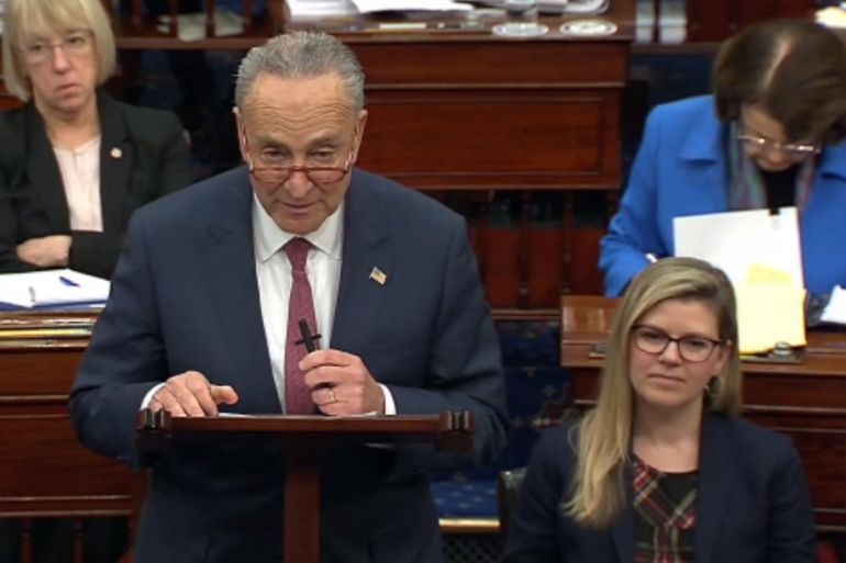 epa08183333 A still image taken from a webcast provided by the United States Senate shows Senate Minority Leader Chuck Schumer speaking during the impeachment trial against US President Trump in the Senate at the US Capitol in Washington, DC, USA, 31 January 2020. EPA-EFE/US SENATE TV / HANDOUT HANDOUT EDITORIAL USE ONLY/NO SALES
