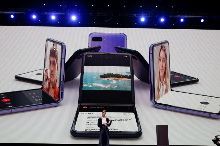 Rebecca Hirst, head of UK product marketing of Samsung Electronics, unveils the Z Flip foldable smartphone during Samsung Galaxy Unpacked 2020 in San Francisco, California, U.S. February 11, 2020. REUTERS/Stephen Lam