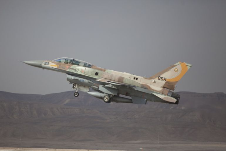 EILAT, ISRAEL - DECEMBER 09: An Israeli F-16 jet takes off on December 9, 2014 at the Ovda airbase in the Negev Desert near Eilat, southern Israel. Israel and Greece concluded a Joint Air Forces drill during the joint IDF-Hellenic Air Force drill week. On Sunday, official Syrian media reported that Israeli jets had bombed targets near Damascus International Airport and in the town of Dimas, north of Damascus and near the border with Lebanon. (Photo by Lior Mizrahi/Getty Images)