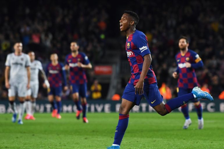 BARCELONA, SPAIN - FEBRUARY 02: Ansu Fati of FC Barcelona celebrates scoring his sides first goal during the Liga match between FC Barcelona and Levante UD at Camp Nou on February 02, 2020 in Barcelona, Spain. (Photo by David Ramos/Getty Images)