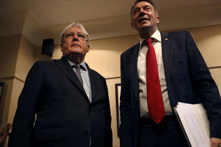 United Nations Special Envoy to Yemen Martin Griffiths and International Committee of the Red Cross President Peter Maurer are seen during a new round of talks by Yemen's warring parties on prisoners swap, in Amman, Jordan February 5, 2019. REUTERS/Muhammad Hamed