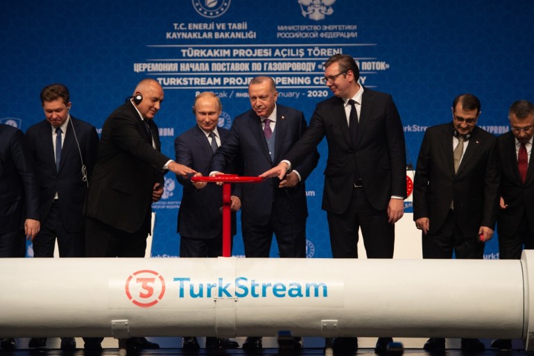 ISTANBUL, TURKEY - JANUARY 08: Prime Minister of Bulgaria Boyko Borissov (L), Russian President Vladimir Putin (2L), Turkish President Recep Tayyip Erdogan (2R) and Serbian President Aleksandar Vucic (R) attend the opening ceremony of the Turkstream Project on January 08, 2020 in Istanbul, Turkey. The TurkStream project comprises two underwater gas lines, each with an annual capacity of 15.75 billion cubic meters. Gas will initially flow to Turkey, while a combination of existing and new pipelines will subsequently take supplies via Bulgaria to Serbia and then on to Hungary. Russia is building TurkStream and doubling the capacity of NordStream across the Baltic Sea to Germany as part of plans to bypass Ukraine in its gas deliveries to Europe. (Photo by Burak Kara/Getty Images)