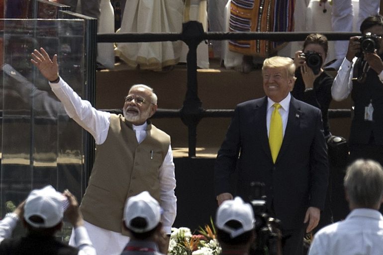 U.S. President Donald Trump in India- - AHMEDABAD, INDIA - FEBRUARY 24: U.S. President Donald Trump (R) and Indian Prime Minister Narendra Modi (L) attend the 'Namaste Trump' event at the Sardar Patel Gujarat Stadium, in Ahmedabad, India on February 24, 2020.
