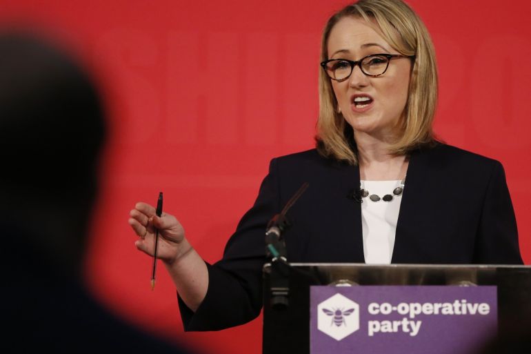 LONDON, ENGLAND - FEBRUARY 16: Rebecca Long-Bailey speaking at a hustings event for Labour Leader and Deputy Leader, hosted by the Co-operative Party, at the Business Design Centre on February 16, 2020 in London, England. Sir Keir Starmer, Rebecca Long-Bailey and Lisa Nandy are vying to replace Labour leader Jeremy Corbyn, who offered to step down following his party's loss in the December 2019 general election. (Photo by Hollie Adams/Getty Images)
