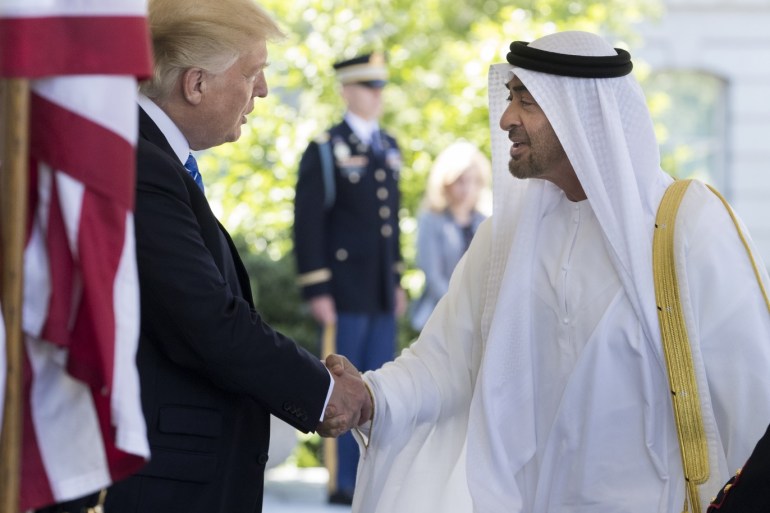 epa05966632 US President Donald J. Trump (L) shakes hands with Crown Prince of Abu Dhabi Mohammed bin Zayed Al Nuhyan (R), at the West Wing of the White House in Washington, DC, USA, 15 May 2017. Trump and Mohammed bin Zayed Al Nuhayan are expected to discuss Middle East trade and security issues during their meeting. EPA/MICHAEL REYNOLDS