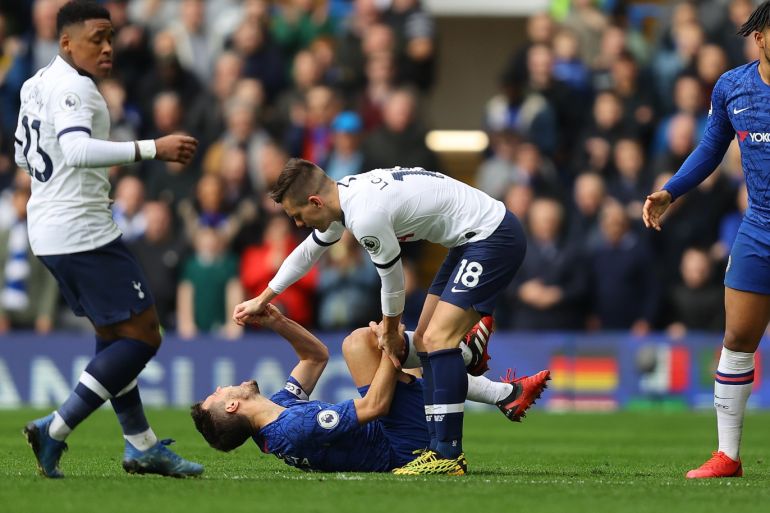 LONDON, ENGLAND - FEBRUARY 22: Giovani Lo Celso of Spurs after clashing with Cesar Azpilicueta of Chelsea which was reviewed for a red card by VAR during the Premier League match between Chelsea FC and Tottenham Hotspur at Stamford Bridge on February 22, 2020 in London, United Kingdom. (Photo by Julian Finney/Getty Images)