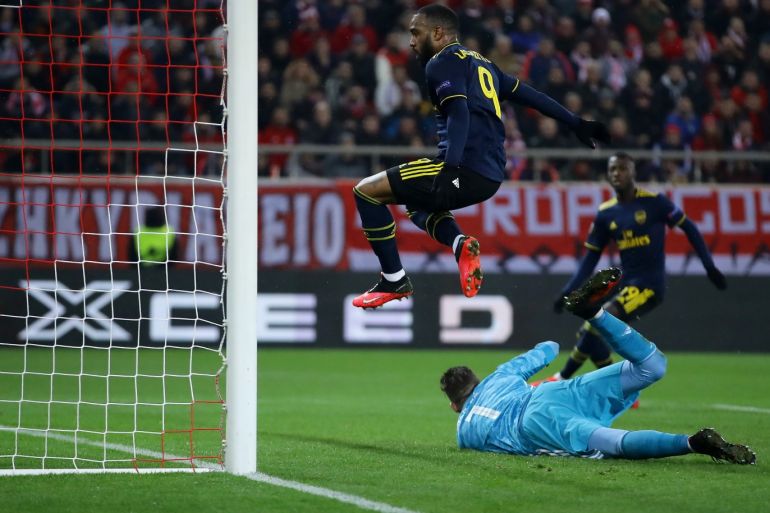 PIRAEUS, GREECE - FEBRUARY 20: Alexandre Lacazette of Arsenal scores his teams first goal during the UEFA Europa League round of 32 first leg match between Olympiacos FC and Arsenal FC at Karaiskakis Stadium on February 20, 2020 in Piraeus, Greece. (Photo by Richard Heathcote/Getty Images)