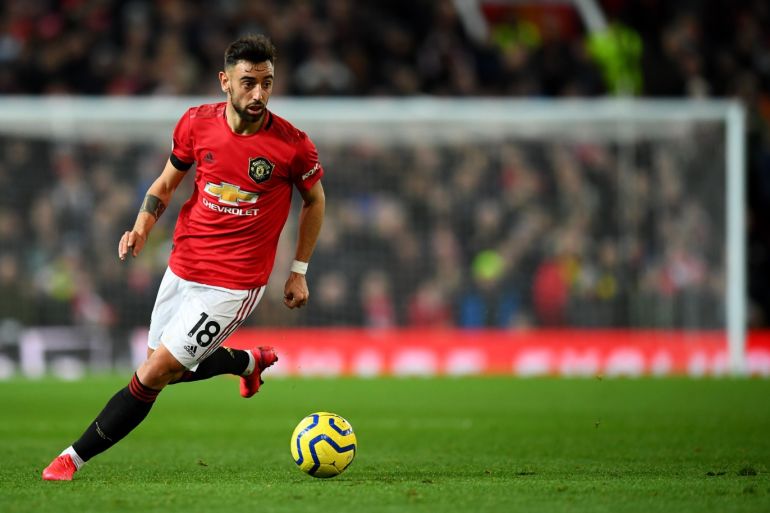 MANCHESTER, ENGLAND - FEBRUARY 01: Bruno Fernandes of Manchester United in action during the Premier League match between Manchester United and Wolverhampton Wanderers at Old Trafford on February 01, 2020 in Manchester, United Kingdom. (Photo by Clive Mason/Getty Images)
