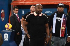JEDDAH, SAUDI ARABIA - JANUARY 16: Boxer Floyd Mayweather looks on during the Italian Supercup match between Juventus and AC Milan at King Abdullah Sports City on January 16, 2019 in Jeddah, Saudi Arabia. (Photo by Claudio Villa/Getty Images for Lega Serie A)