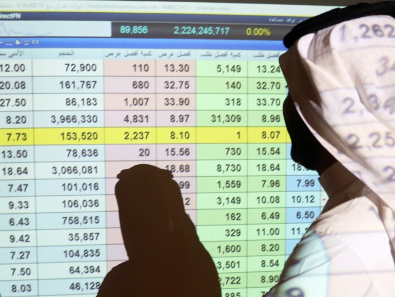 A Saudi man stands in front of a screen of stock prices at ANB Bank in Riyadh, Saudi Arabia March 15, 2020. REUTERS/Ahmed Yosri