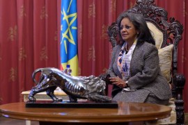 Ethiopian President Sahle-Work Zewde meets with U.S. Secretary of State Mike Pompeo (not pictured) at the Presidential Palace in Addis Ababa, Ethiopia February 18, 2020. Andrew Caballero-Reynolds/Pool via REUTERS