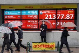 Passersby wearing protective face masks, following an outbreak of the coronavirus, walk past in front of an electric screen displaying Nikkei share average outside a brokerage in Tokyo, Japan March 2, 2020. REUTERS/Issei Kato