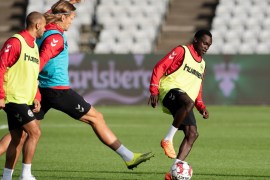 Soccer Football - UEFA Nations League - training session - Ceres Park Stadium, Aarhus, Denmark - September 8, 2018 Denmark's player Martin Braithwaite, left, Jannik Vestergaard and Pione Sisto, right during a training session prior to the Nations League match Ritzau Scanpix/Bo Amstrup via REUTERS ATTENTION EDITORS - THIS IMAGE WAS PROVIDED BY A THIRD PARTY. DENMARK OUT. NO COMMERCIAL OR EDITORIAL SALES IN DENMARK.