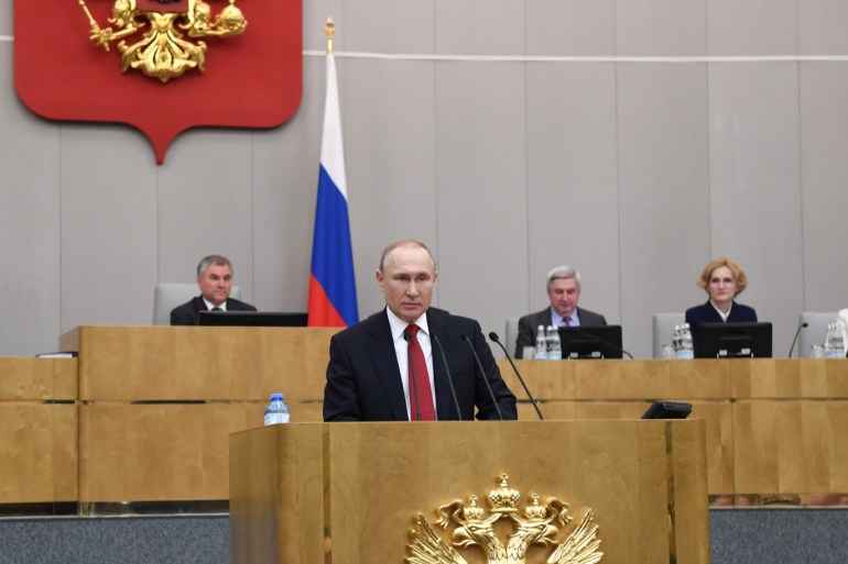 Russia's President Vladimir Putin delivers a speech during a session of the lower house of parliament to consider constitutional changes in Moscow, Russia March 10, 2020. Sputnik/Alexei Nikolsky/Kremlin via REUTERS ATTENTION EDITORS - THIS IMAGE WAS PROVIDED BY A THIRD PARTY.