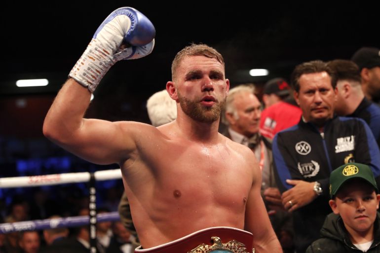 STEVENAGE, ENGLAND - MAY 18: Billy Joe Saunders celebrats the win over Shefat Isufi during the WBO WORLD SUPER-MIDDLEWEIGHT CHAMPIONSHIP at The Lamex Stadium on May 18, 2019 in Stevenage, England. (Photo by Luke Walker/Getty Images)