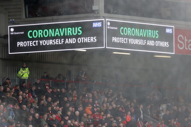 Soccer Football - Premier League - Liverpool v AFC Bournemouth - Anfield, Liverpool, Britain - March 7, 2020 General view of a sign providing information amid concern following the coronavirus outbreak inside the stadium during the match Action Images via Reuters/Carl Recine EDITORIAL USE ONLY. No use with unauthorized audio, video, data, fixture lists, club/league logos or