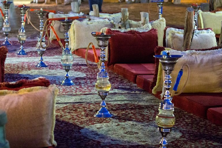 A hookah lounge at a dining tent in the Arabian Desert.