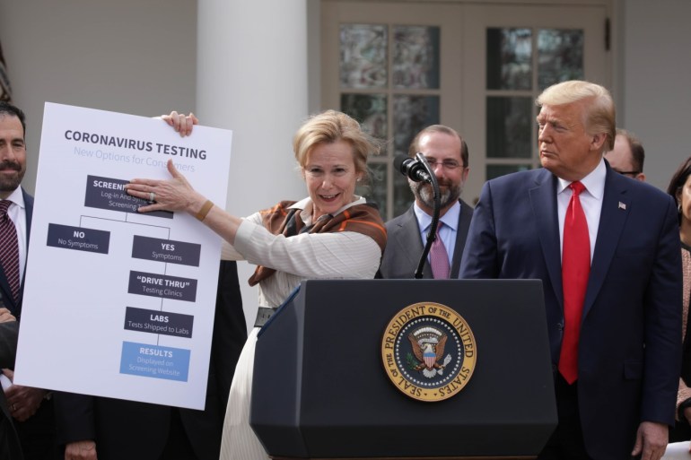 Trump declares national emergency in coronavirus fight- - WASHINGTON, DC, USA - MARCH 13: US President Donald J. Trump (R) declares a national emergency due to the COVID-19 coronavirus pandemic, in the Rose Garden of the White House, in Washington, DC, United States on March 13, 2020.