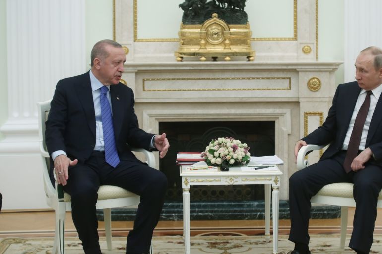 Erdogan - Putin meeting in Moscow- - MOSCOW, RUSSIA - MARCH 5: Turkish President Recep Tayyip Erdogan (L) meets Russian President Vladimir Putin (R) in Moscow, Russia on March 5, 2020.