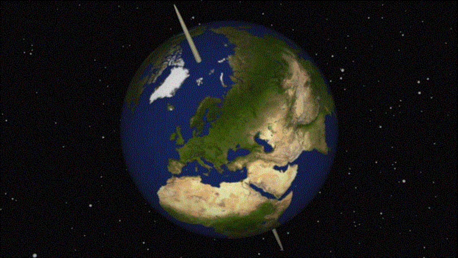‪ميلان محور دوران الأرض يبلغ حاليا حوالي 23 درجة وهو يتغير باستمرار‬ (ويكيبيديا)