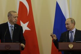 Erdogan - Putin meeting in Sochi- - SOCHI, RUSSIA - OCTOBER 22: President of Turkey, Recep Tayyip Erdogan (L) and Russian President Vladimir Putin (R) hold joint press conference after their meeting at Presidential Residence in Sochi, Russia on October 22, 2019.