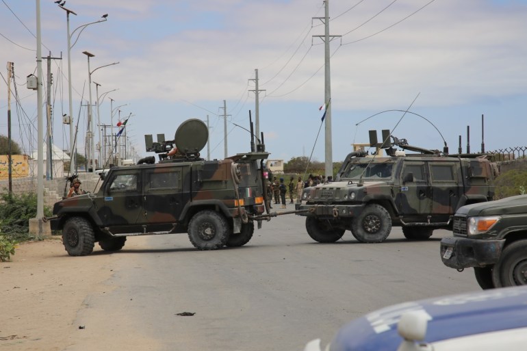 Separate attacks on EU troops reported in Mogadishu- - MOGADISHU, SOMALIA - SEPTEMBER 30: A road is blocked after Al-Qaeda affiliated al-Shabaab militants stormed the Ballidogle American special forces military base roughly 100 kilometers northwest of Mogadishu using vehicle bombs followed by sporadic gunfire from fighters in Mogadishu, Somalia on September 30, 2019. In a separate incident, al-Shabaab militants carried out an attack near Jaalle Siyad academy in Mogadish