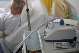 A nasal ventilator is pictured as a patient suffering from coronavirus disease (COVID-19) is treated in a pulmonology unit at the hospital in Vannes, France, March 20, 2020. REUTERS/Stephane Mahe