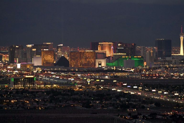 LAS VEGAS, NEVADA - MARCH 18: A general view of Las Vegas as hotel-casinos and other properties close in response to the coronavirus continuing to spread across the United States on March 18, 2020 in Las Vegas, Nevada. On Tuesday, Nevada Gov. Steve Sisolak announced a statewide closure of all nonessential businesses, including all hotel-casinos on the Las Vegas Strip, by noon today for at least 30 days to help combat the spread of the virus. The World Health Organization declared the coronavirus (COVID-19) a global pandemic on March 11th.   Ethan Miller/Getty Images/AFP== FOR NEWSPAPERS, INTERNET, TELCOS & TELEVISION USE ONLY ==