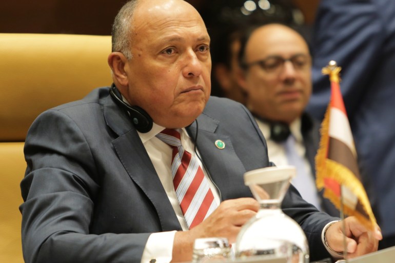 Egyptian Foreign Minister Sameh Shoukry attends a meeting with foreign Ministers and officials from countries neighbouring Libya to discuss the conflict in Libya, in Algiers, Algeria January 23, 2020. REUTERS/Ramzi Boudina
