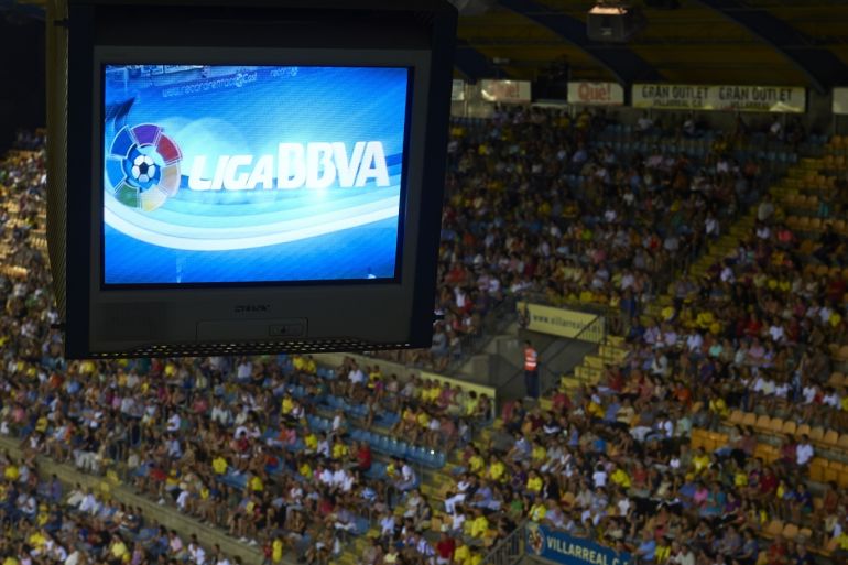 VILLARREAL, SPAIN - AUGUST 24: Logo of the Liga BBVA is pictured on the monitors in the press room during the La Liga match between Villarreal CF and Real Valladolid CF at El Madrigal Stadium on August 24, 2013 in Villarreal, Spain. (Photo by Manuel Queimadelos Alonso/Getty Images)