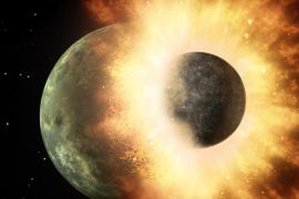 بحسب "فرضية الاصطدام العملاق" فإن القمر كان قد نشأ بسبب اصطدام الأرض مع كوكب "ثيا" (ويكيميديا)