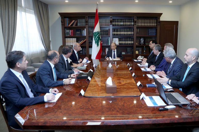 Lebanon's President Michel Aoun heads a financial meeting with Prime Minister Hassan Diab, Parliament Speaker Nabih Berri and Lebanon's Central Bank Governor Riad Salameh at the presidential palace in Baabda, Lebanon March 7, 2020. Dalati Nohra/Handout via REUTERS ATTENTION EDITORS - THIS IMAGE WAS PROVIDED BY A THIRD PARTY