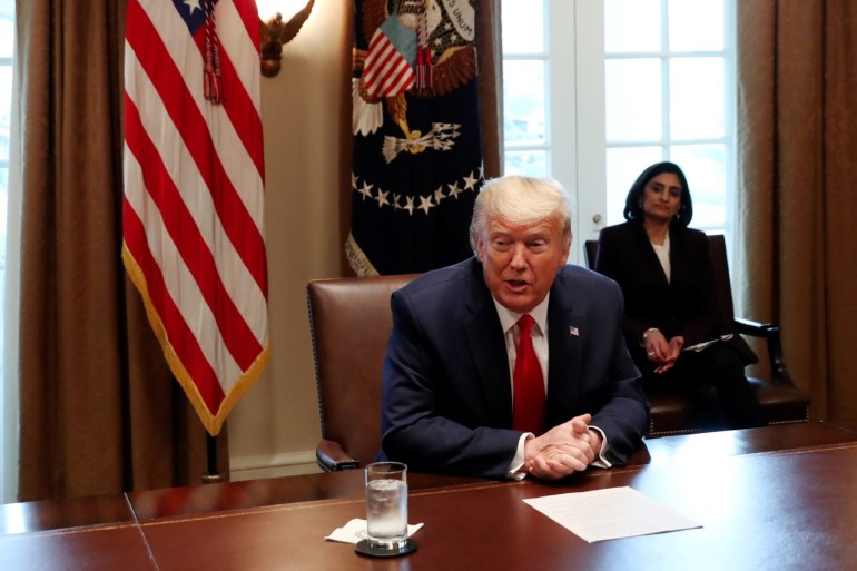 U.S. President Donald Trump speaks during a meeting with representatives of U.S. nurses organizations on coronavirus response in the Cabinet Room of the White House in Washington, U.S., March 18, 2020. REUTERS/Leah Millis