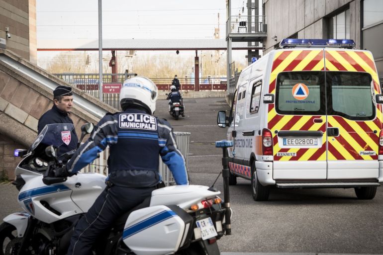 Coronavirus precautions in France- - STRASBOURG, FRANCE - APRIL 03: An ambulance arrives at the a high-speed central train station which is turned into an intensive care unit in Strasbourg, eastern France on April 03, 2020. Patients infected by the novel coronavirus (COVID-19) have been evacuating from the Alsace to a medicalized high-speed train in France.